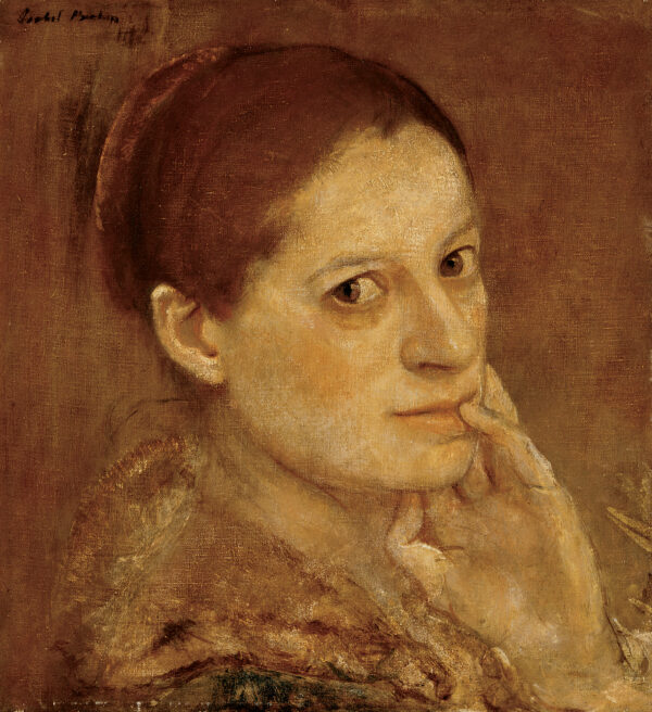 Head & shoulders with hand resting against her left cheek, head turned toward viewer; wearing garment with fur collar.
