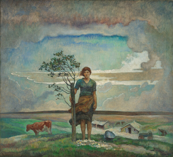 In center foreground, a young woman standing next to a small tree; at her feet, a patch of daisies & nearby a bucket; behind her, a view of the plains with a hut, barn, cow, cart, and two horses.