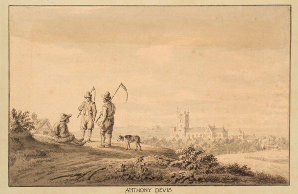 In foreground, at left, a group of three peasants & dogs on a country road; beyond, at rt., village with cathedral.