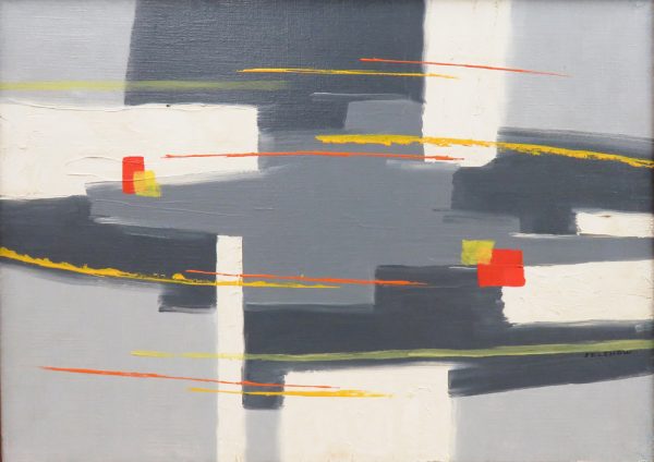 Abstraction - arrangement of overlapping irregular rectangular shapes in white, red, yellow & grays over which are superimposed lines running horizontally in orange & yellow.