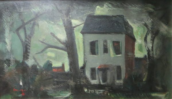 Erie landscape in black, grays, greens, with red accents; to rt. of center, two-storey house; bare trees.