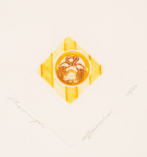 Small circle with 2 flamingos & setting sun, against square with yellow bands; whole against an embossed diamond shape.