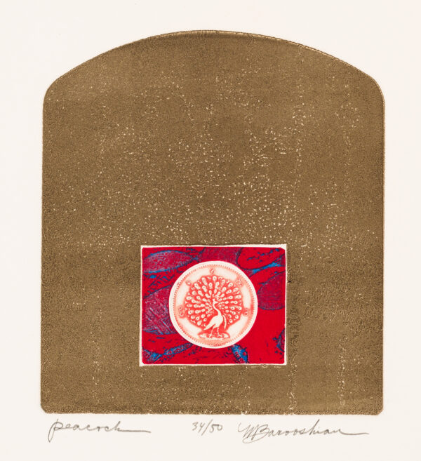 Circle in red & white with peacock against rectangle with abstract patterning in red & blue; whole against gold background with faint floral pattern.