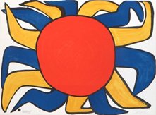 Large abstracted form consisting of centrally placed red circle with blue & yellow tentacle shapes; whole outlined in black.