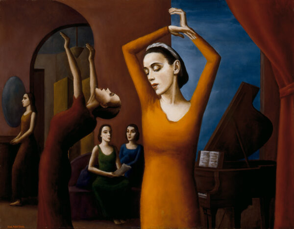 Interior view of dance studio; in center foreground, woman in yellow/orange dress with arms above head; 4 other female dancers to left & behind her; piano at right.