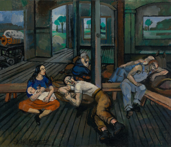 Interior scene of waiting room with woman seated on floor and holding baby at left, four men sleeping; view through doorway of automobile loaded with household goods at left.
