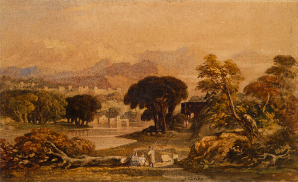 Landscape view with 3 figures in center foreground, river at left, buildings & mountains in distance.