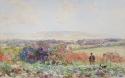 View of countryside with hunter and dog at right.; valley and mountains beyond.