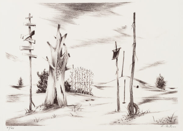 A stark landscape with dead trees and signposts.