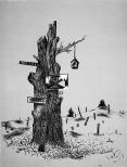 A tree with all branches cut off and a bird house hanging from one limb. The background is just stumps of trees in a barren landscape.