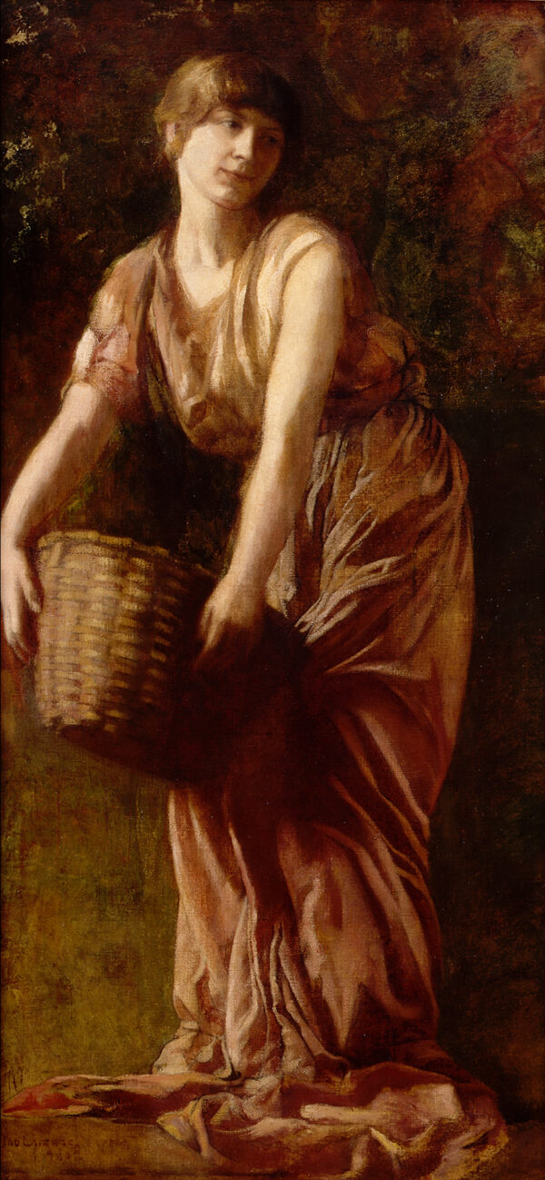 Full length female figure dressed in a chiton-like garment with one sleeve, her left shoulder bare, and carrying a basket. This painting is the painted version of one of the 'Commerce windows' in the William H. Vanderbilt House, NY. The windows were a triptych, on the first floor landing, symbolizing the rise of the Vanderbilt fortunes in an allegory of 