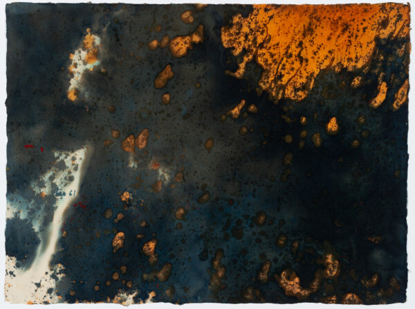 Abstraction of dark ink over orange in the upper right and a tiny area of opaque red paint at center left.