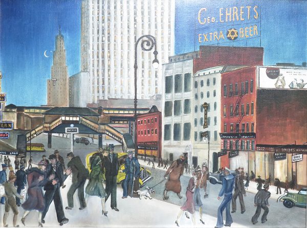 Downtown scene with pedestrians in foreground, skyscrapers in background, neon sign;