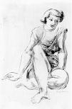 A woman sits on the floor with one knee up.