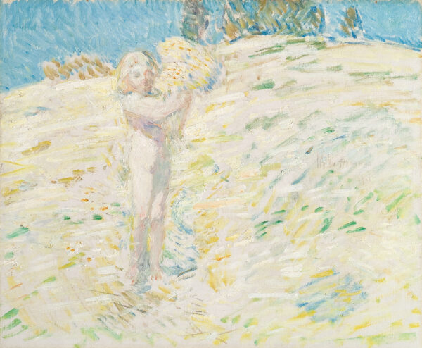 Impressionistic rendition of a sunlit field with a nude figure standing to left of center and holding up a bundle of grain, blue sky beyond.