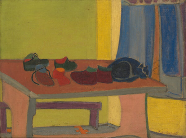 Shoes and sleeping cat on a table top; yellow wall and window with blue curtain at right; behind table, purple bench and chartreuse wall.