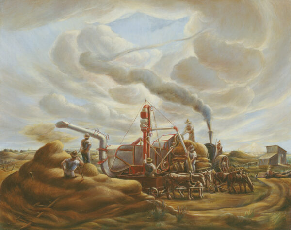 Harvest scene with men operating a threshing machine and driving horse-drawn carts; worker standing hip-deep in stack of hay at left; billowing clouds, blue sky and pale yellow sun above horizon line.