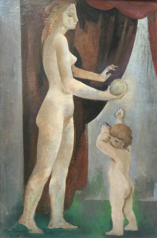 At left, a full length nude female figure holding a ball in her right hand; at right, a nude male child; each facing toward center, behind them, a brown curtain