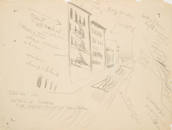 Sketch of side street with artist's notes.
