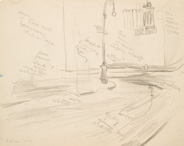 Sketch of lamp post with artist's notes.