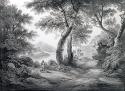 Landscape view; in foreground, clearing in wooded area with two figures at left, one seated and one standing; lake and mountains beyond.