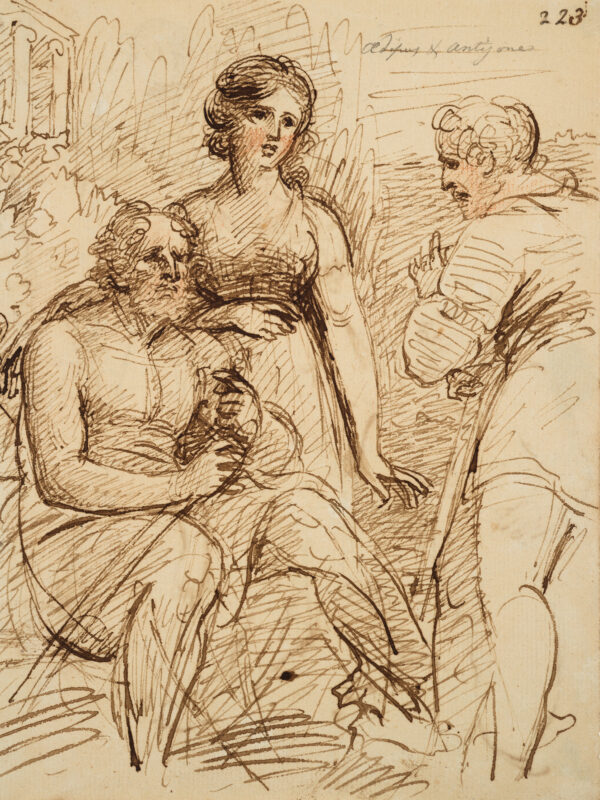 Oedipus with a walking stick seated at left; his daughter, Antigone, standing beside him; man standing and talking to them at right.