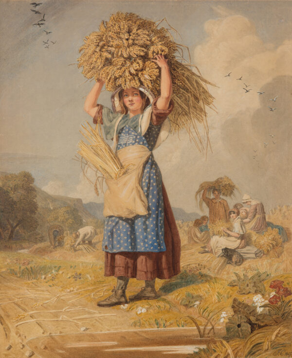 At center, a young girl with a purple dress, blue apron with white floral design, sack of grain tied around her waist, & carrying a bundle of grain sheaves on her head; behind her, figures working in fields, blue sky with clouds & birds, & mountains in distance.