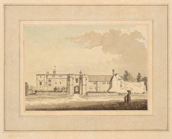 View of a mansion, woman and child at lower right.