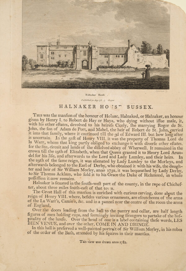 Engraving of Halnaker House at top of page, lower 2/3's contains text. A fortified medieval manor house and landscaped grounds.