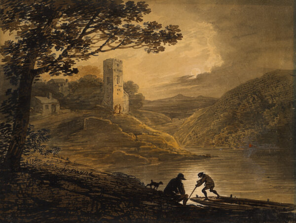 Moonlit landscape with river; boat, two men and dog at lower right; village in left middle ground; mountains beyond.