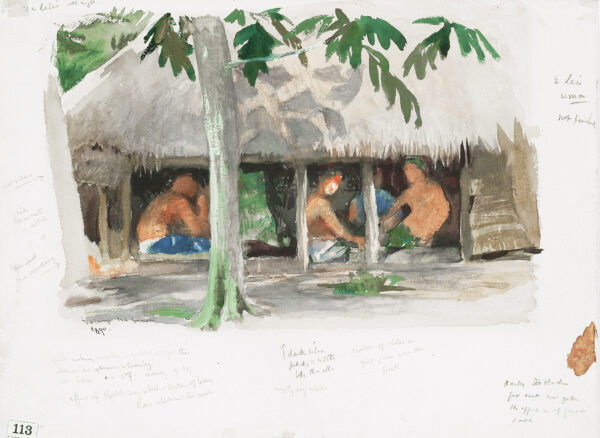 Samoans seated in thatched roof hut.