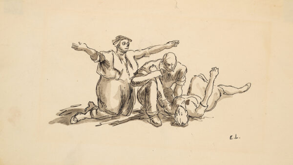 Three figures, reclining woman, crouching man and kneeling man with hands raised.