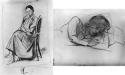 Seated woman on one side; top half of woman laying on her side on the back.