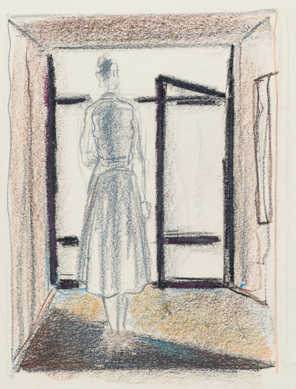 A sketch of a woman in front of windows.