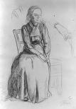 A woman in a long dress is seated in a chair with sketches of her shoulder and hand around her.