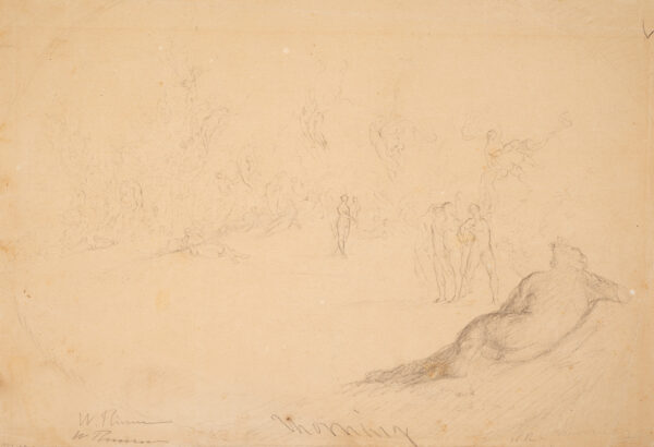 a) (Morning) A reclining nude seen from behind is in the lower right with a crowd of other figure sketches in the rest of the drawing.