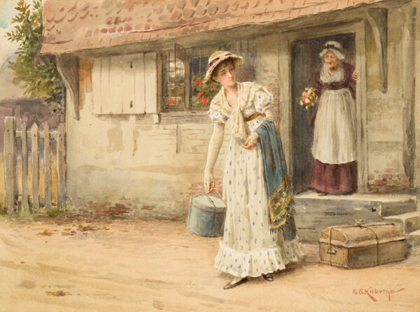 A woman looks down the road with her maid at the door seeing her off.
