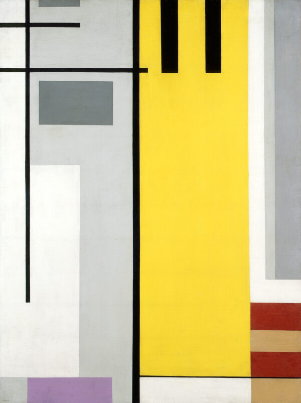 A non-objective painitng of yellow and gray retangular shapes and red, pink and green rectangles and black lines.