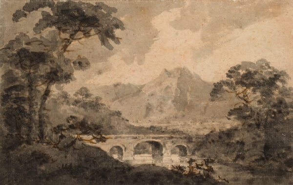 A landscape of trees and mountains with a bridge over water in the lower center.