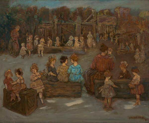 Women sit on benches with small children playing nearby.