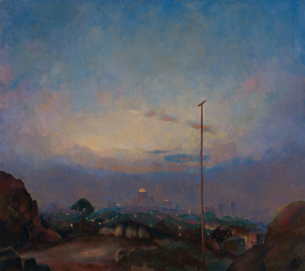 A view of a city with low horizon and the darkening sky fills the canvas.
