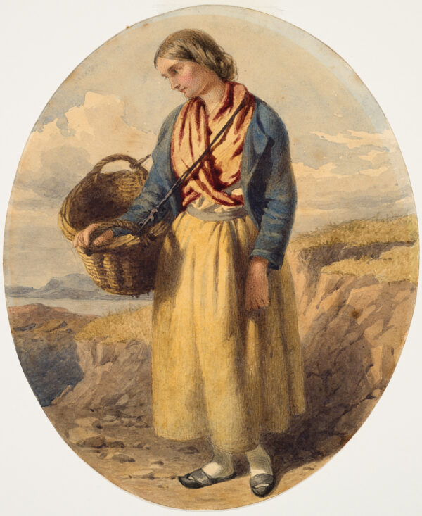 A woman stands with a basket.