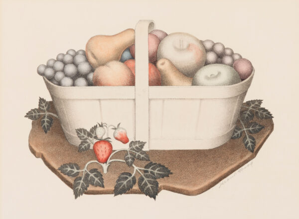 A still life composition depicting fruits. This print was had tinted by Grant's sister Nan Wood Graham, about 1938.