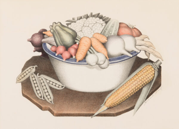 A still life composition depicting vegetables. This print was had tinted by Grant's sister Nan Wood Graham, about 1938.