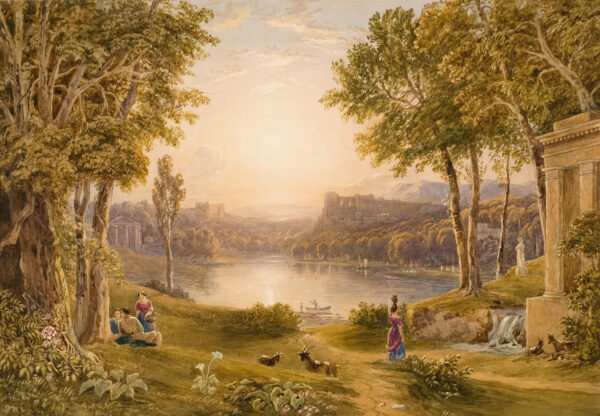 A landscape with lake and mountains in the background with a building to the right.