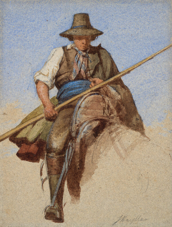 A man with a hat riding a horse with a pole across the saddle.