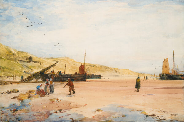 A beach with ships and figures.