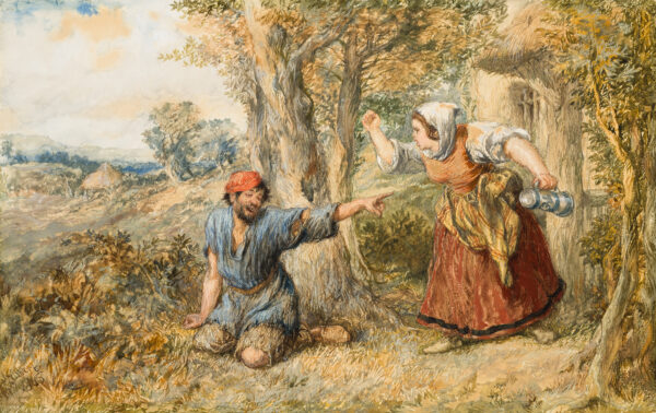 A woman holding a stein is scolding a man on his knees.