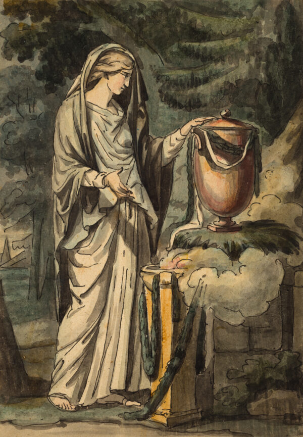 From Roman mythology, a priestess of Vesta (Vestal virgin) before an urn.