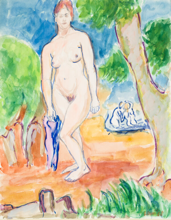 Standing female nude in landscape